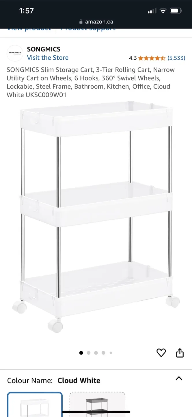 SONGMICS 3-Tier Rolling Cart - White image indicator(2)