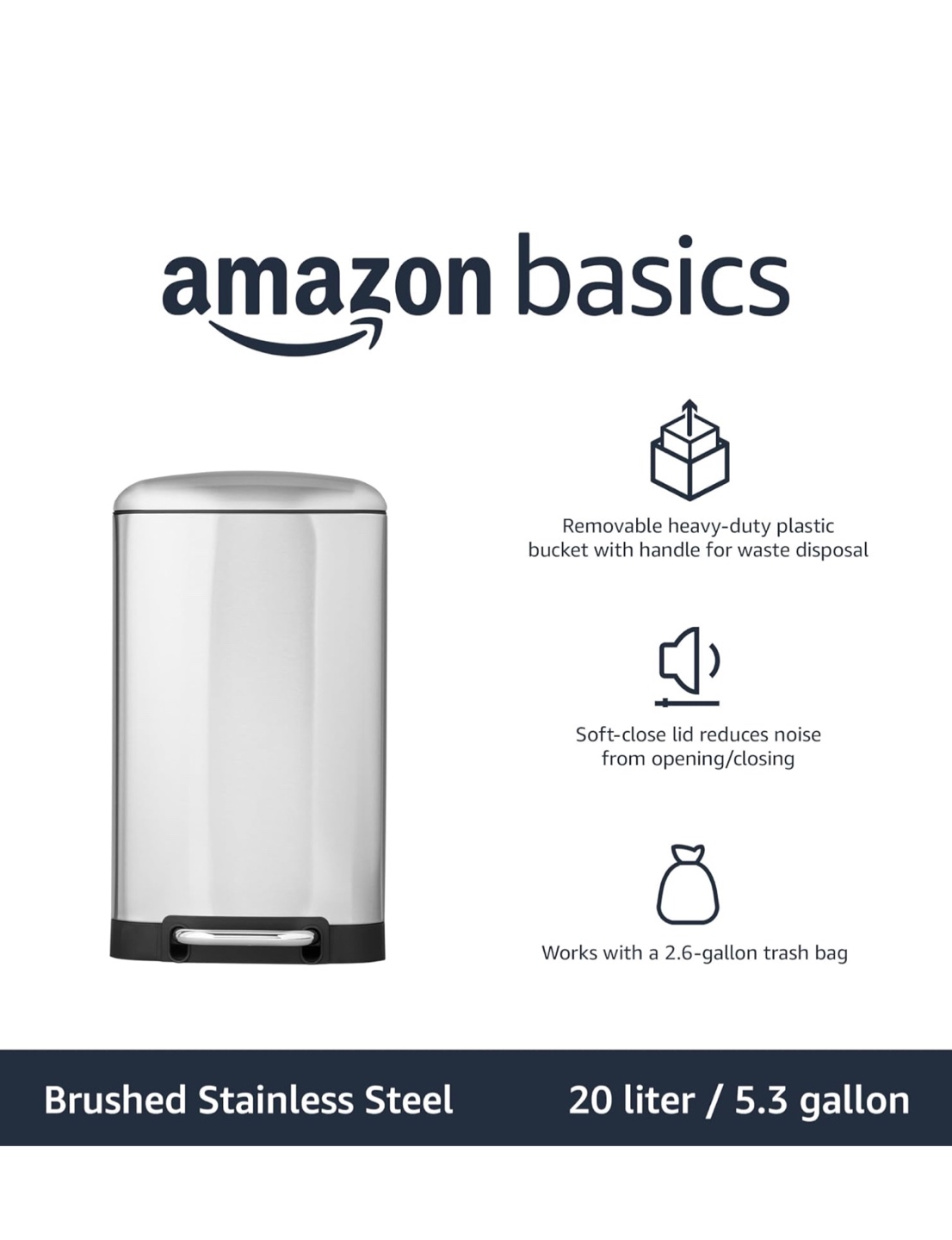 Amazon Basics Brushed Stainless Steel 5.3 Gallon Step Trash Can - photo 4