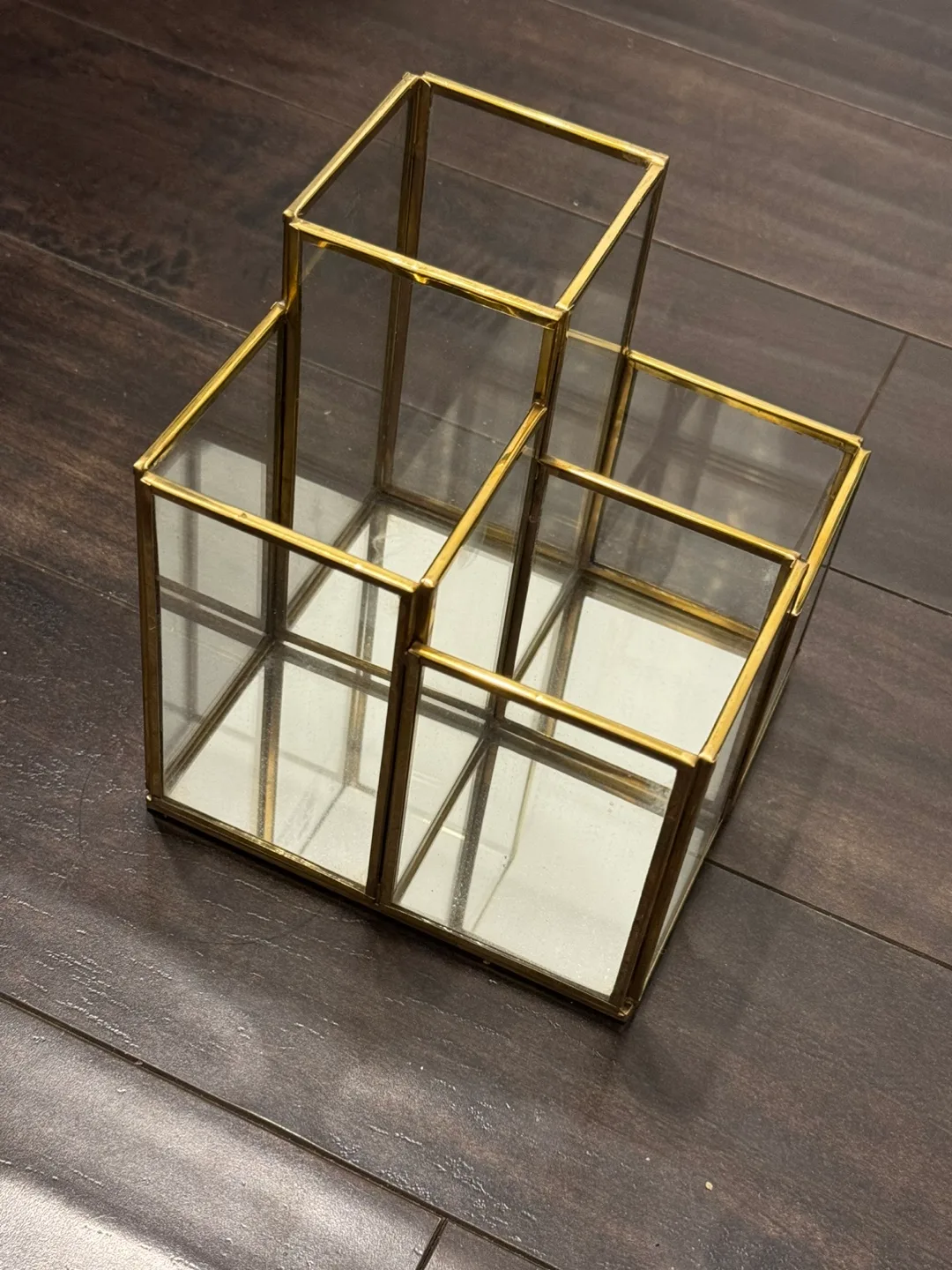 Gold Metal(Brass) and Glass Desk Organiser with mirrored bottom thumbnail