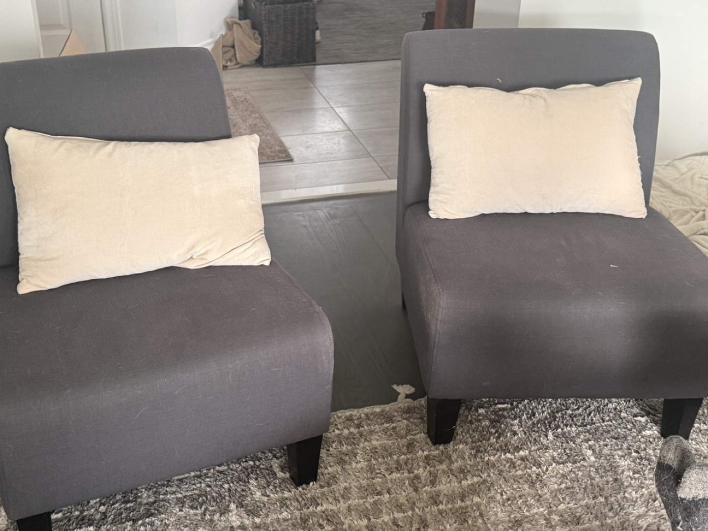 Pair of Grey Armchairs with Pillows