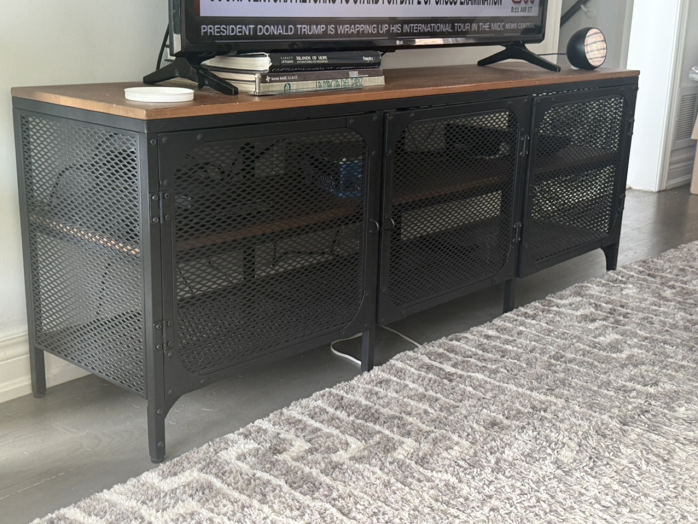 Industrial Style TV Stand with Metal Mesh Doors