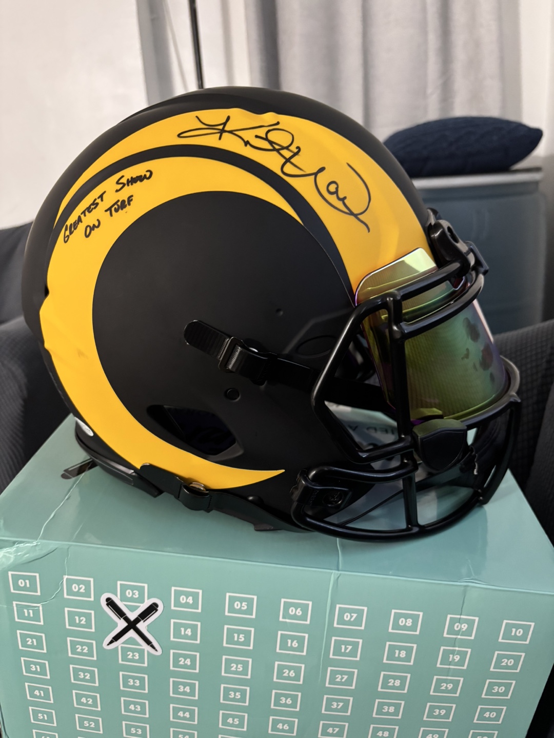 Autographed Kurt Warner Rams Helmet - Just Break It - photo 2