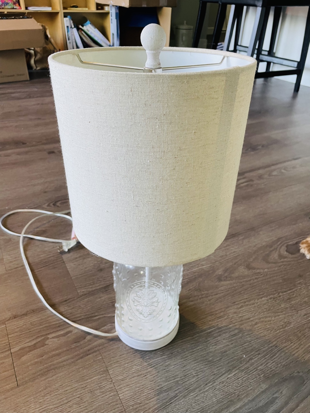 Glass jar table lamp with linen shade