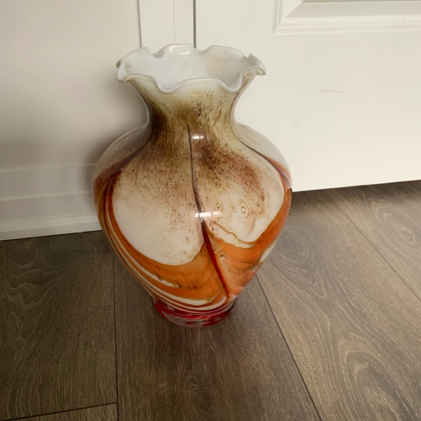Large Decorative Glass Vase, Orange and Brown Swirl Design thumbnail