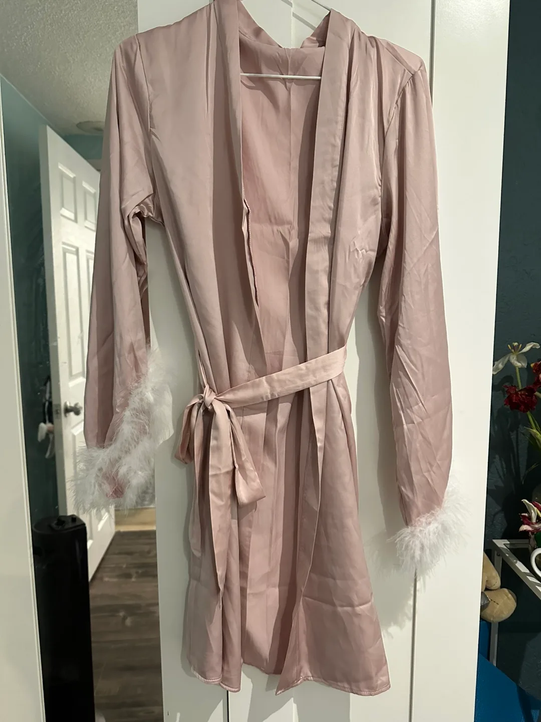 Dusty Rose Satin Robe with Feather Cuffs thumbnail