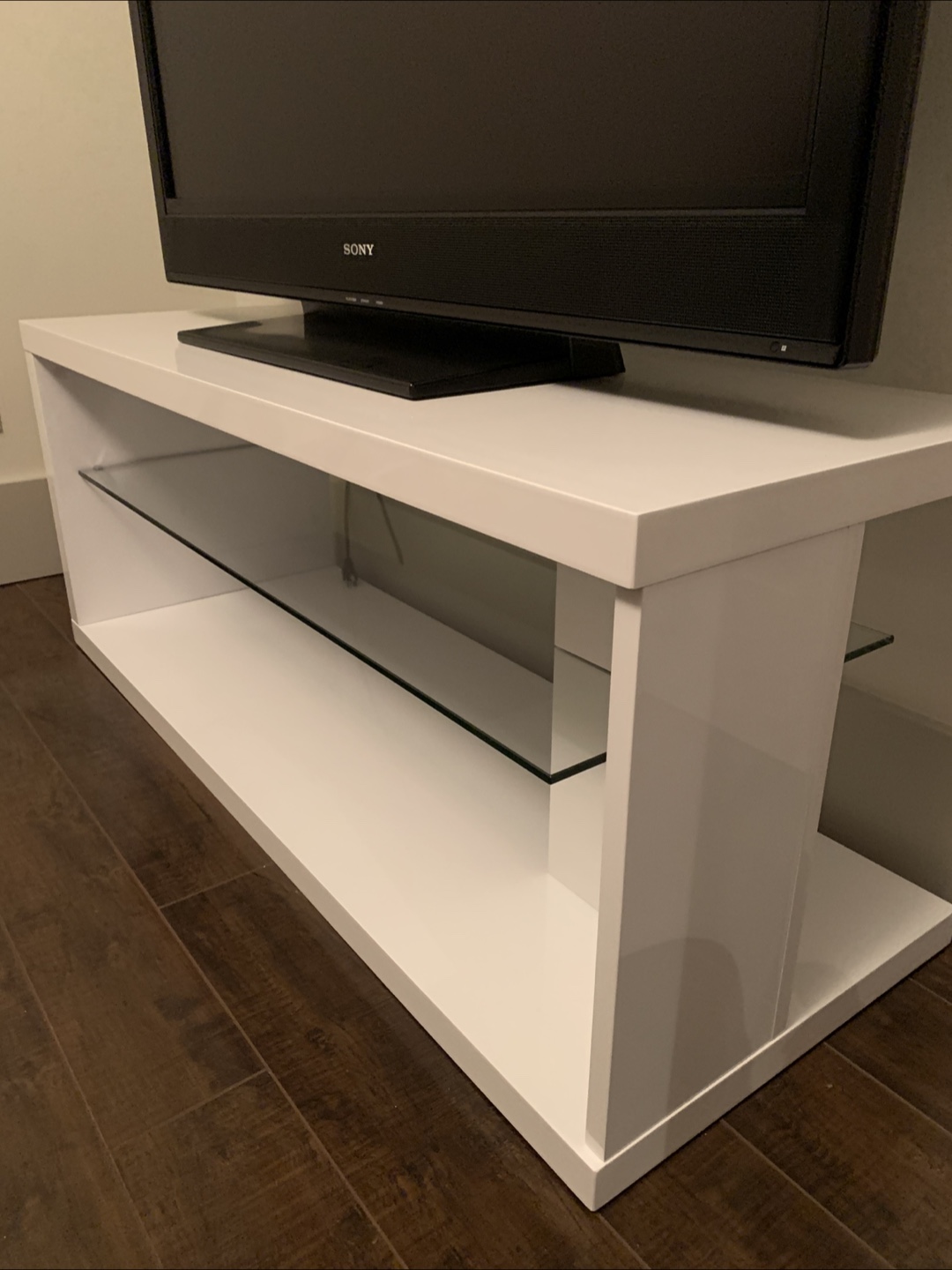 Contemporary White TV Stand with Glass Shelf