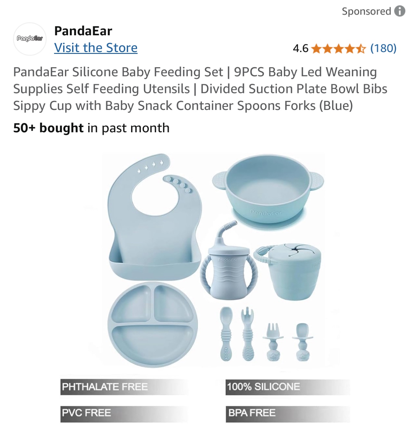 PandaEar Silicone Baby Feeding Set - 9 Piece Blue Set