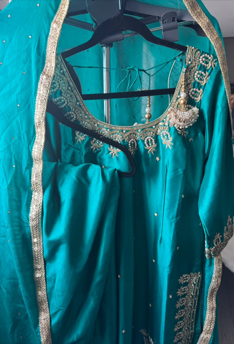 Teal Pakistani Salwar Kameez with Gold Embroidery thumbnail