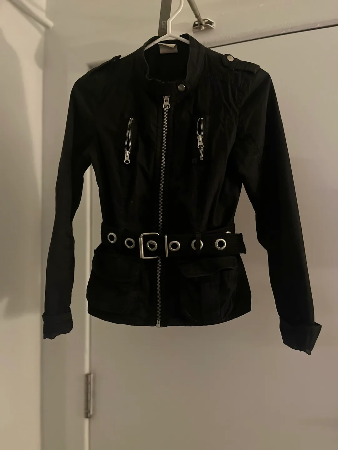 Black belted moto jacket thumbnail