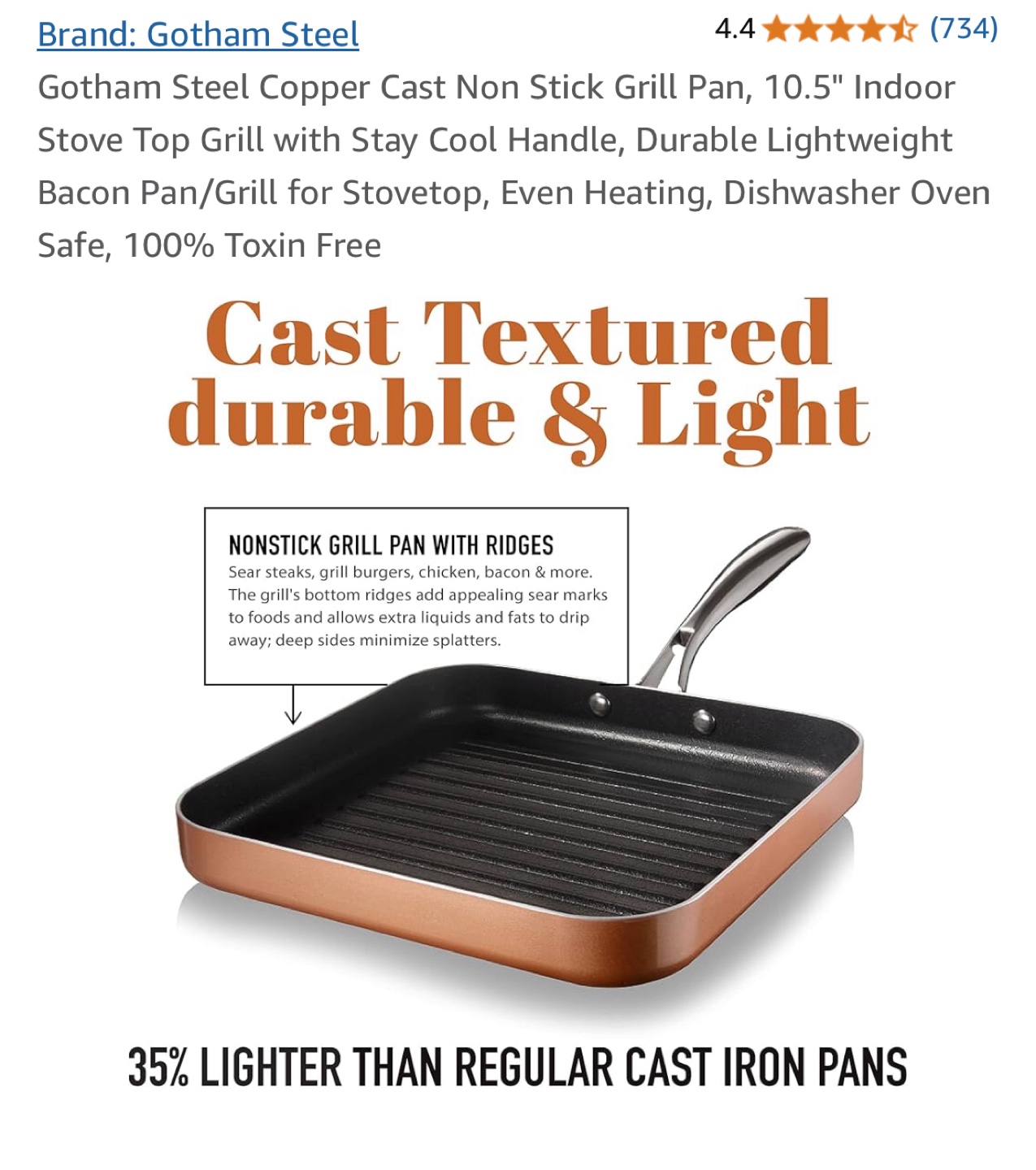 Gotham Steel Copper Cast Non-Stick Grill Pan, 10.5"