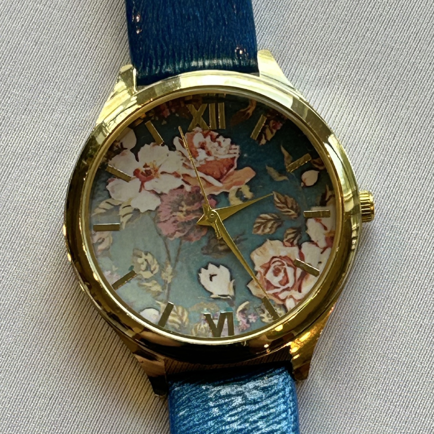 XOXO Gold Blue Analog Roman Numeral Wrist Watch with Floral Face - photo 4