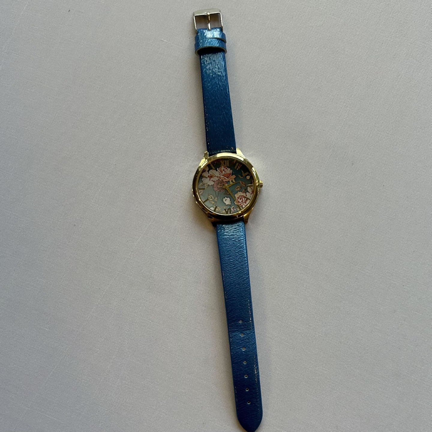 XOXO Gold Blue Analog Roman Numeral Wrist Watch with Floral Face - photo 3