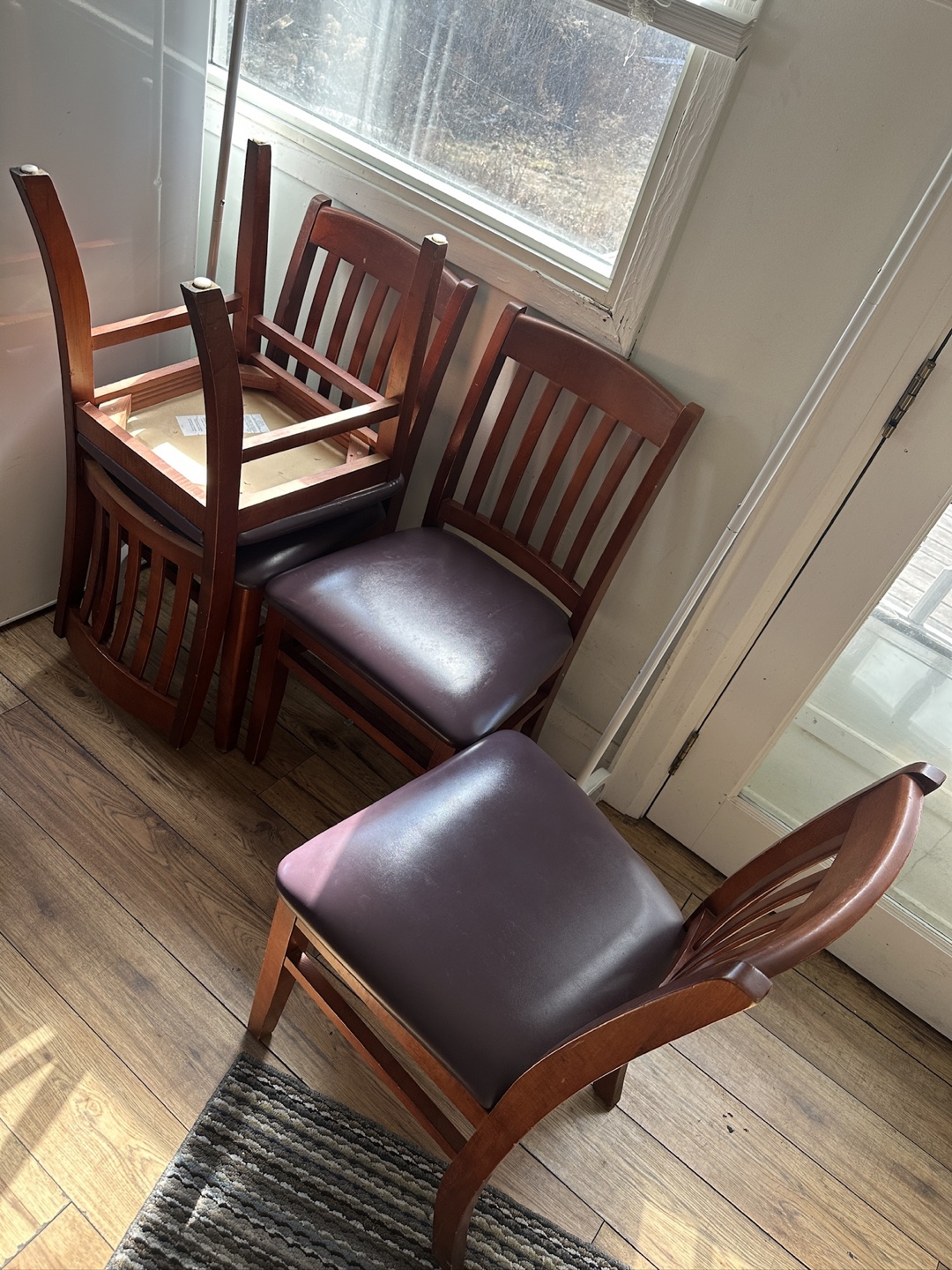 Four Wooden Dining Chairs with Purple Vinyl Seats