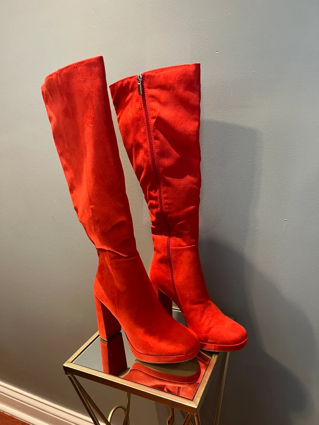Red Knee High Suede Boots image indicator(2)