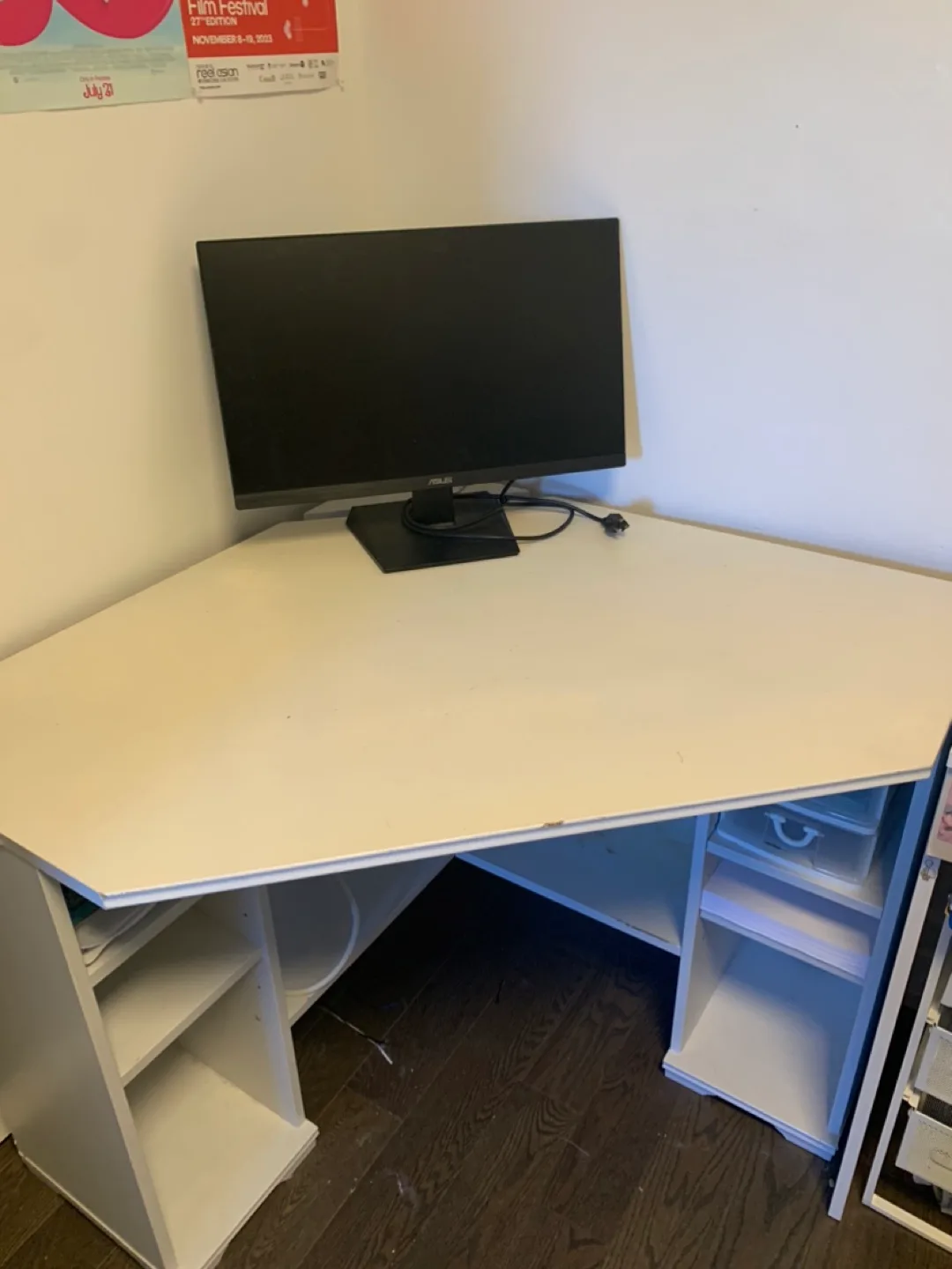 White Corner Computer Desk with Shelves + Monitor thumbnail