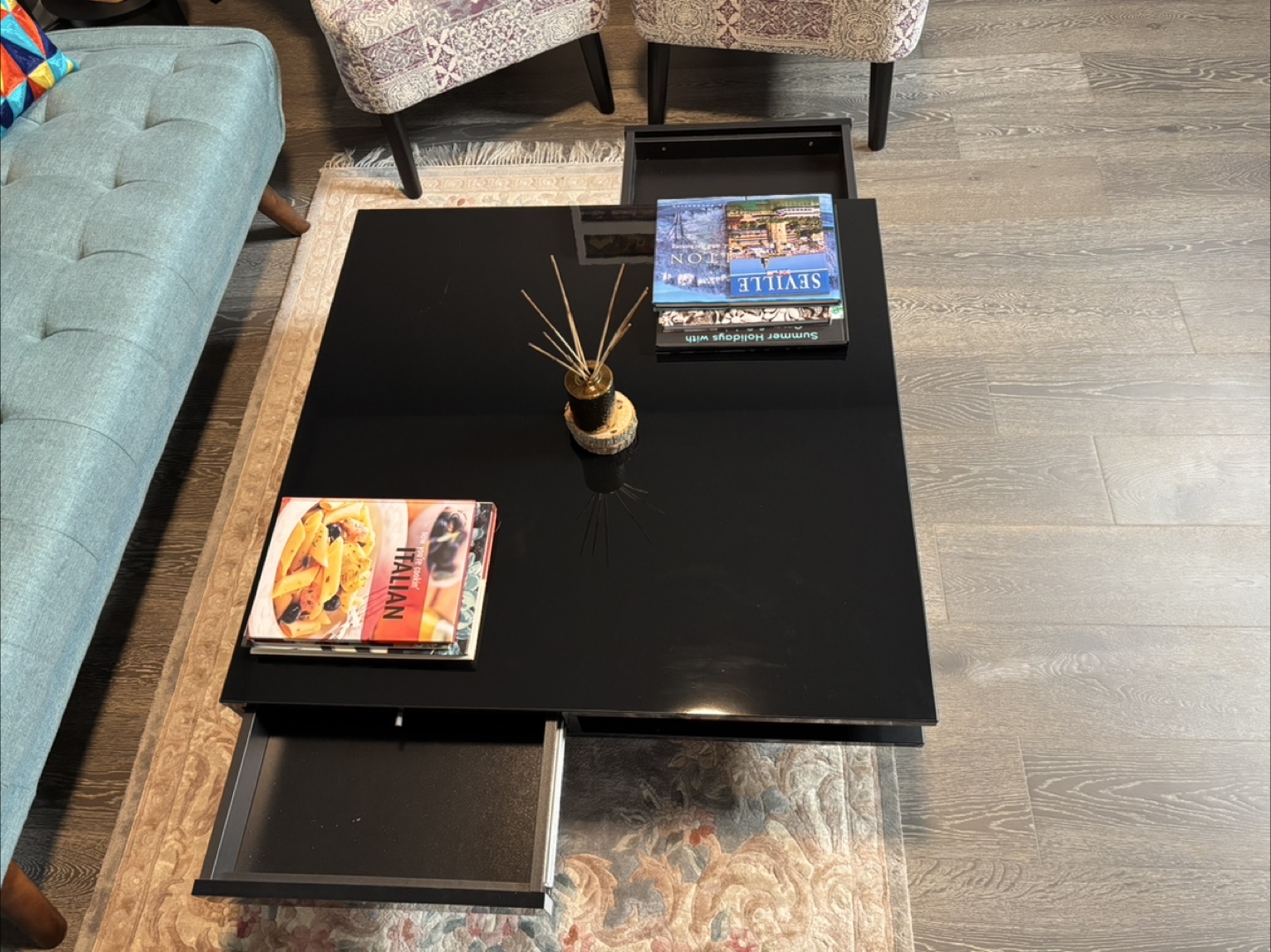 Modern Black Glass Coffee Table with Storage