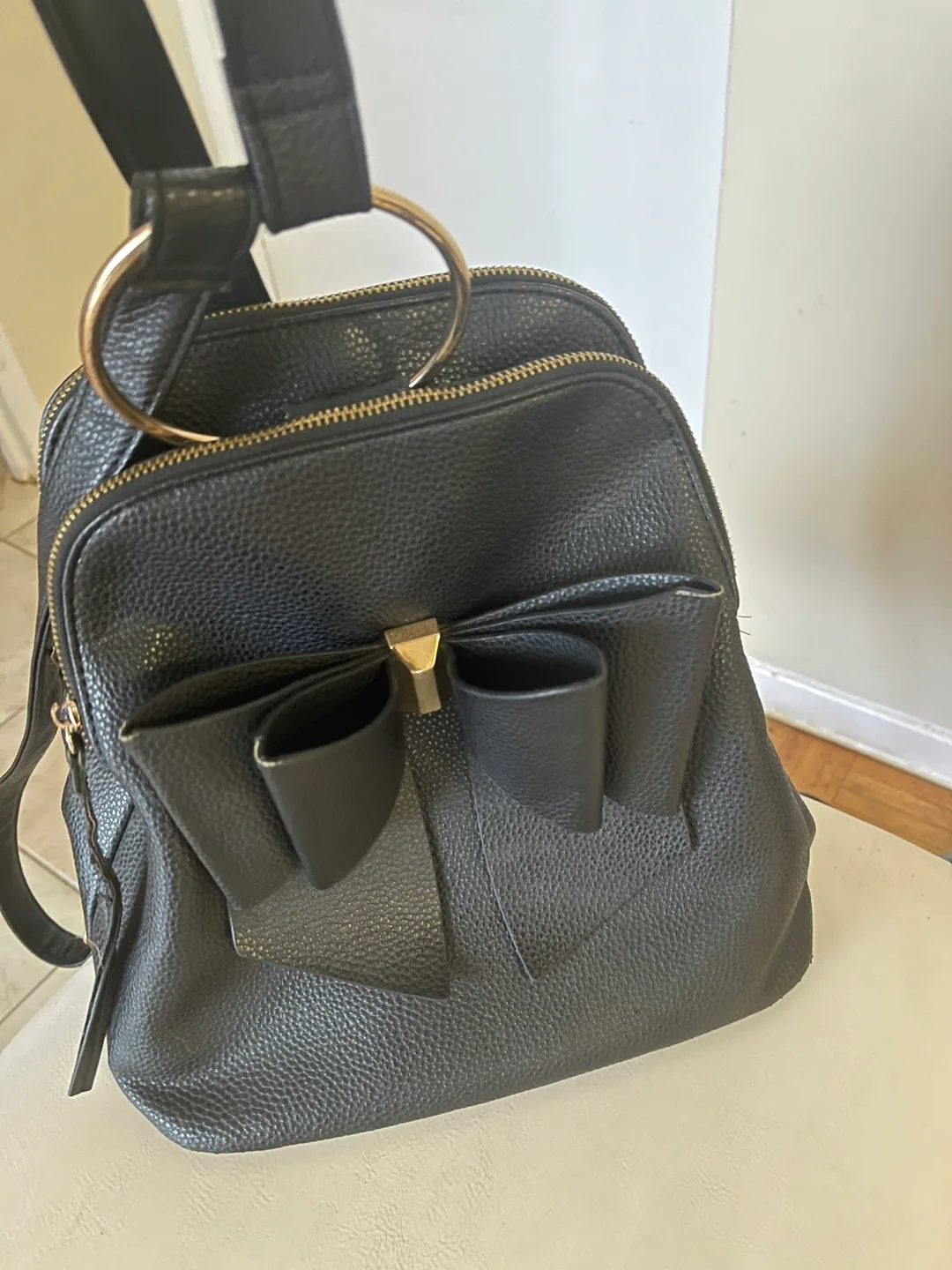 Black Faux Leather Backpack with Bow Detail thumbnail