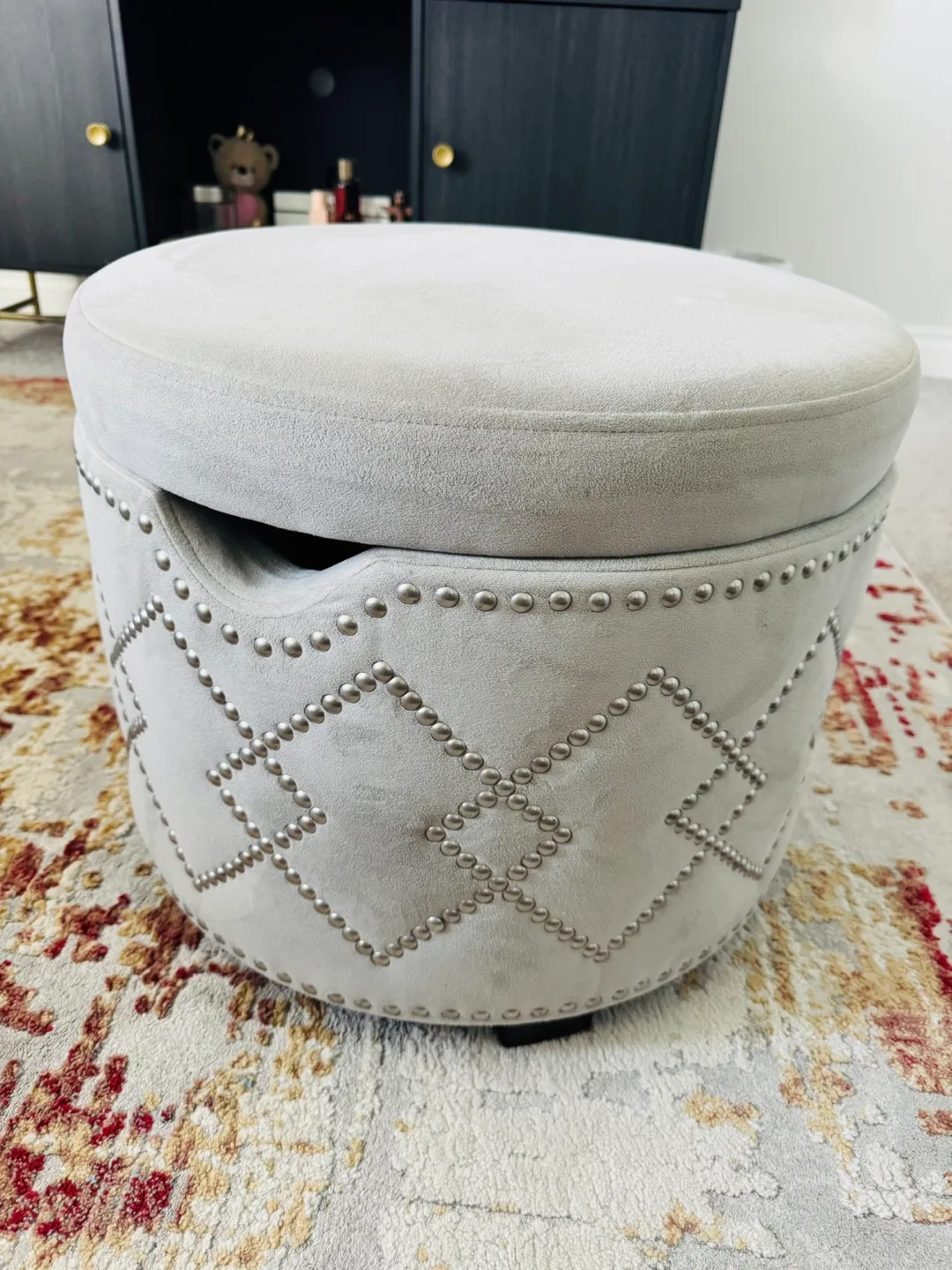 Grey Velvet Storage Ottoman with Metal Studs thumbnail