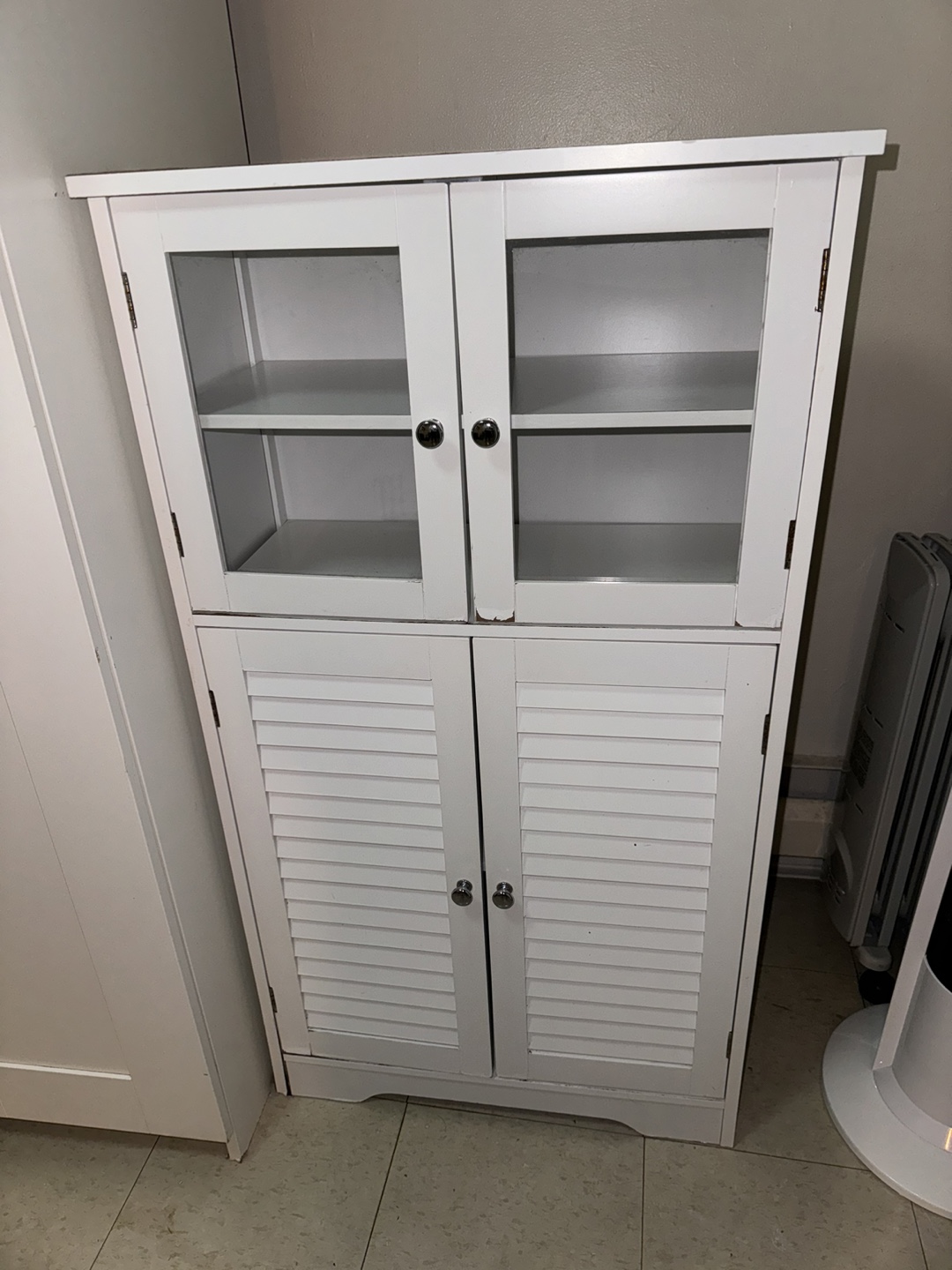 White Wooden Cabinet with Glass Doors and Louvered Doors - photo 3