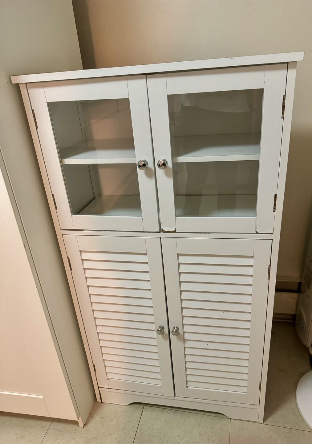 White Wooden Cabinet with Glass Doors and Louvered Doors - photo 5
