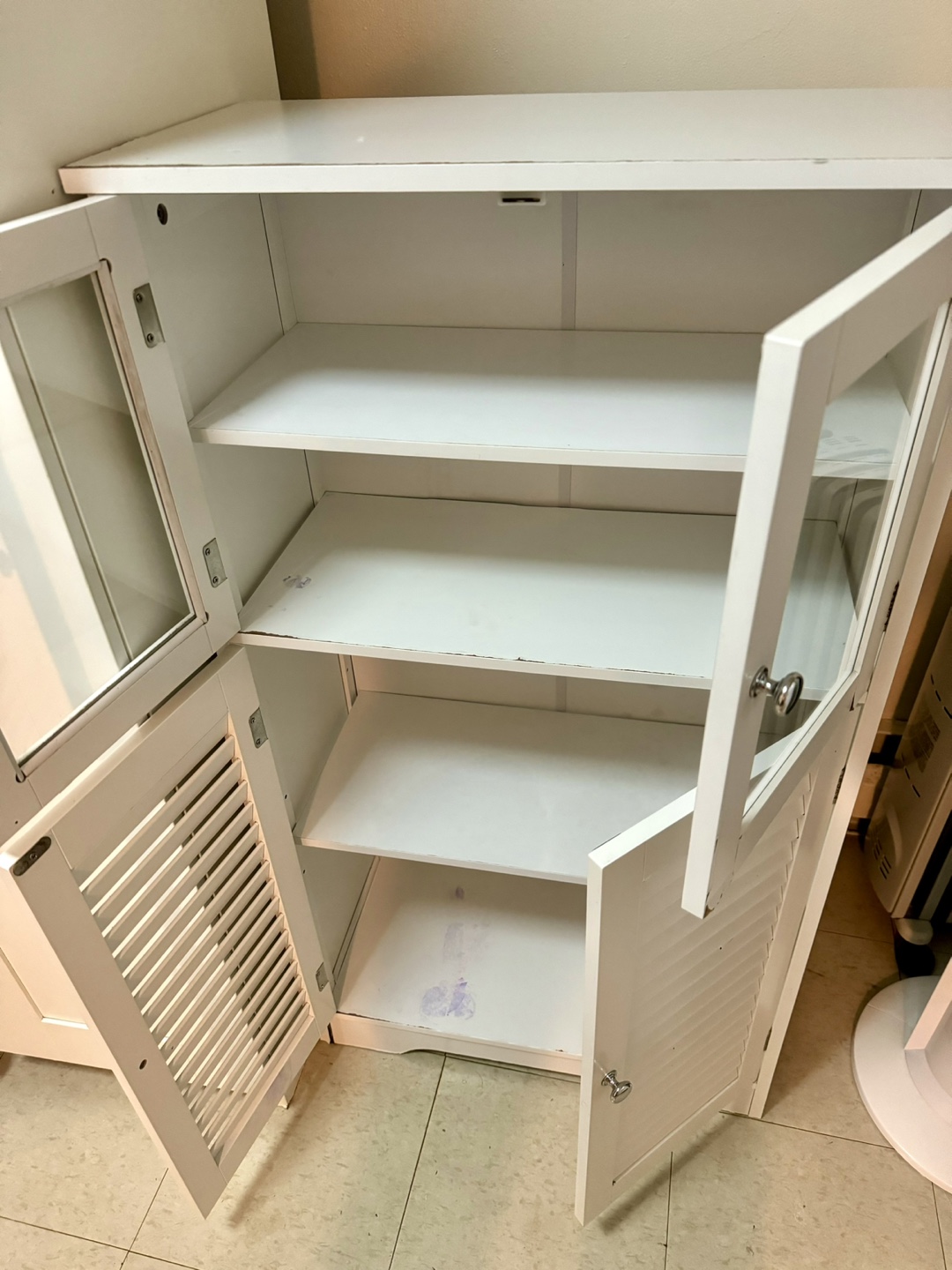 White Wooden Cabinet with Glass Doors and Louvered Doors - photo 4