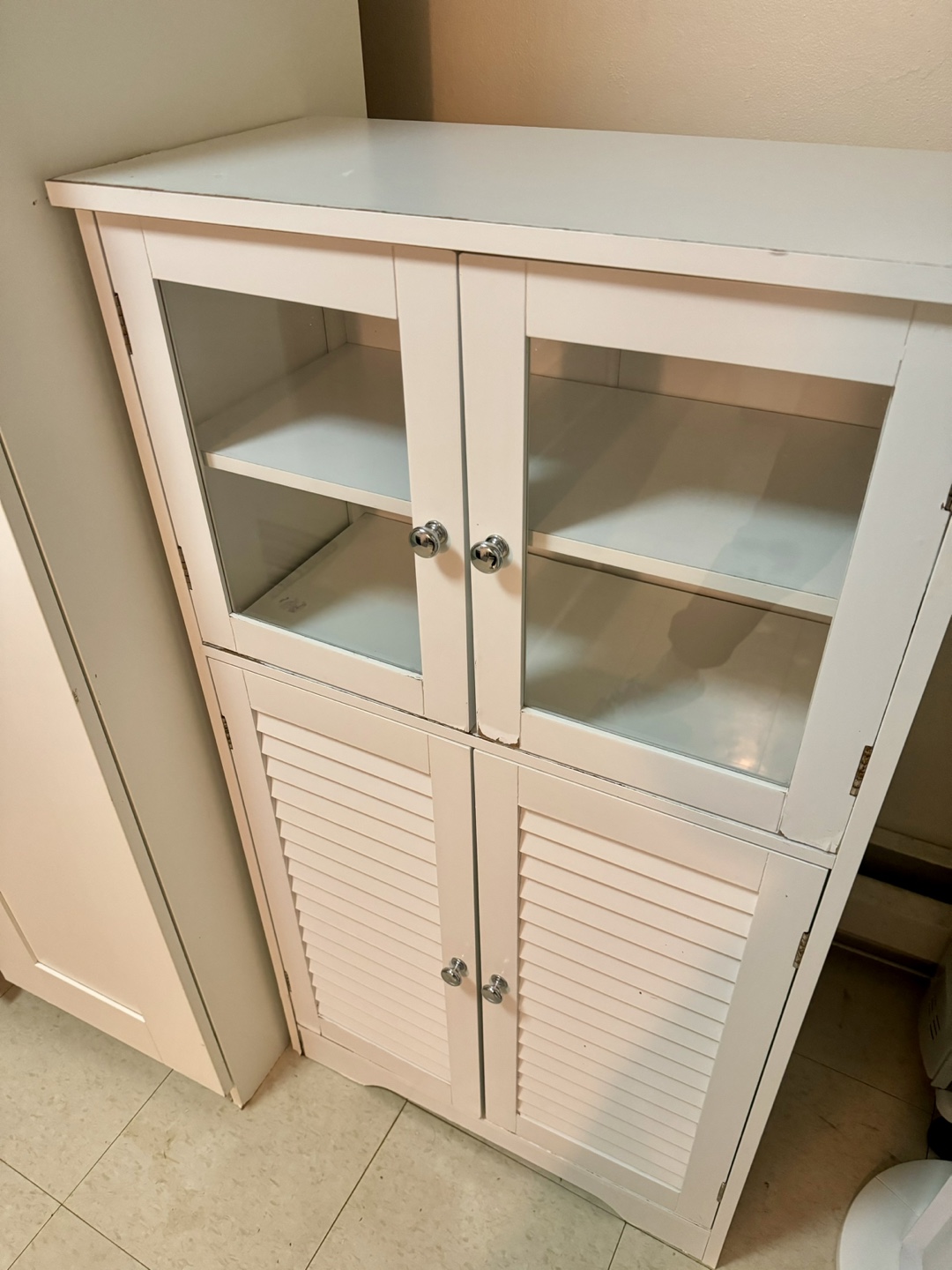 White Wooden Cabinet with Glass Doors and Louvered Doors