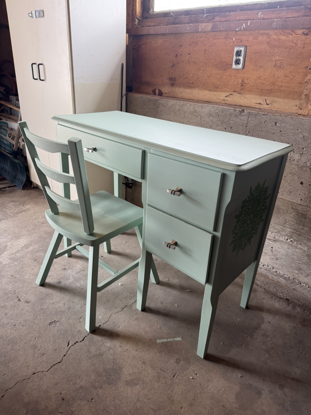 Refurnished Vintage Desk and Chair Set - Mint Green