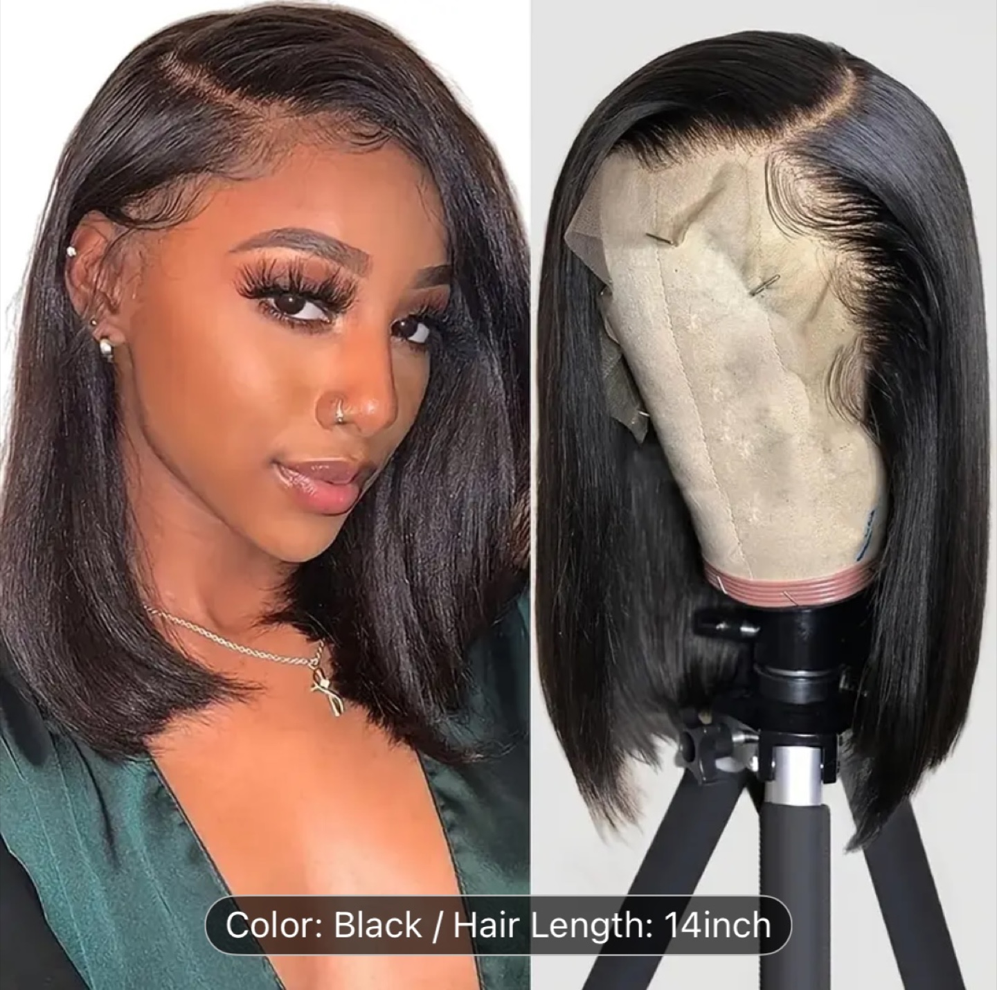 Black 14 inch Bob Lace Front Wig - Pre-Plucked Natural Hairline