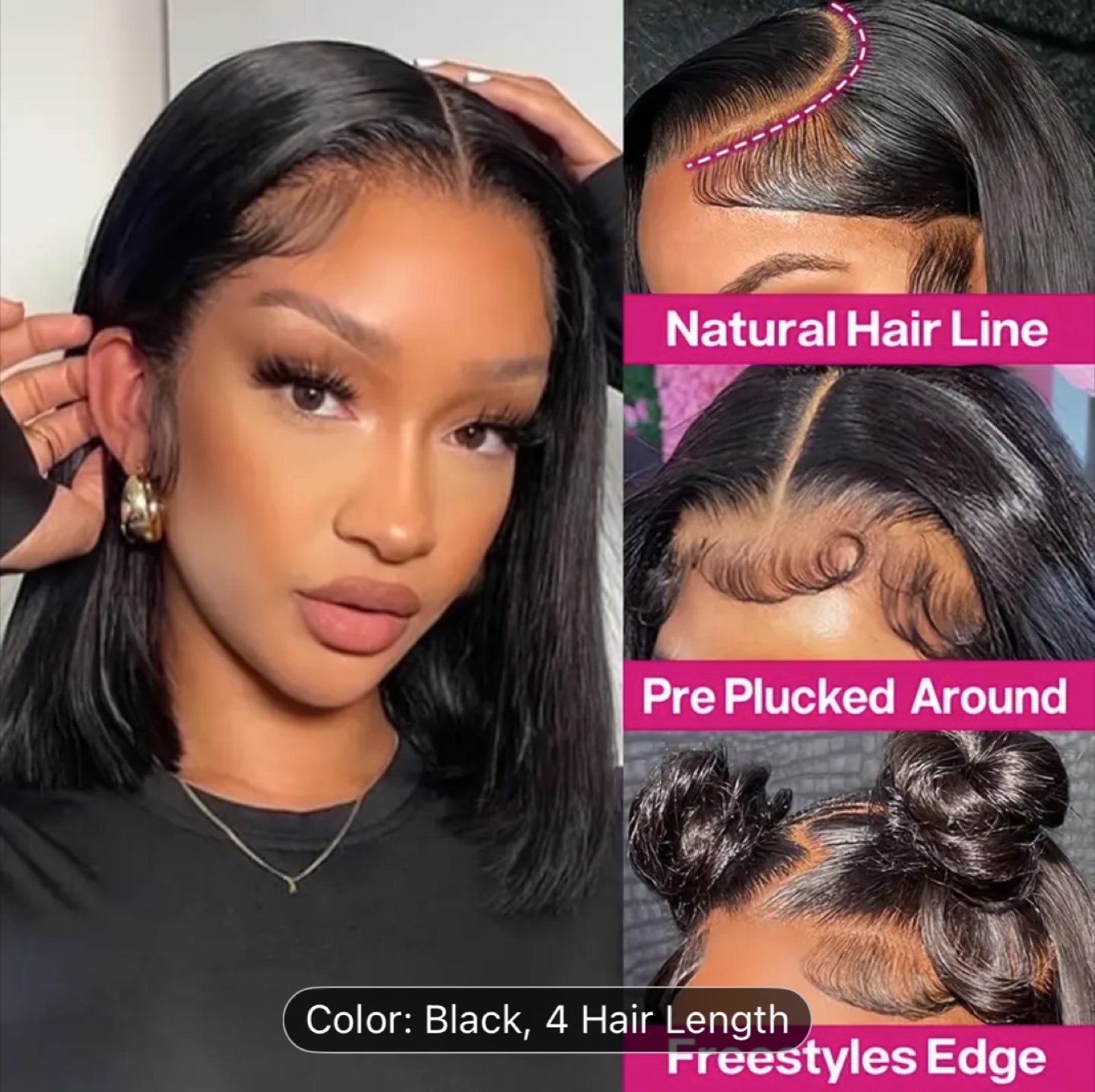 Black 14 inch Bob Lace Front Wig - Pre-Plucked Natural Hairline - photo 4
