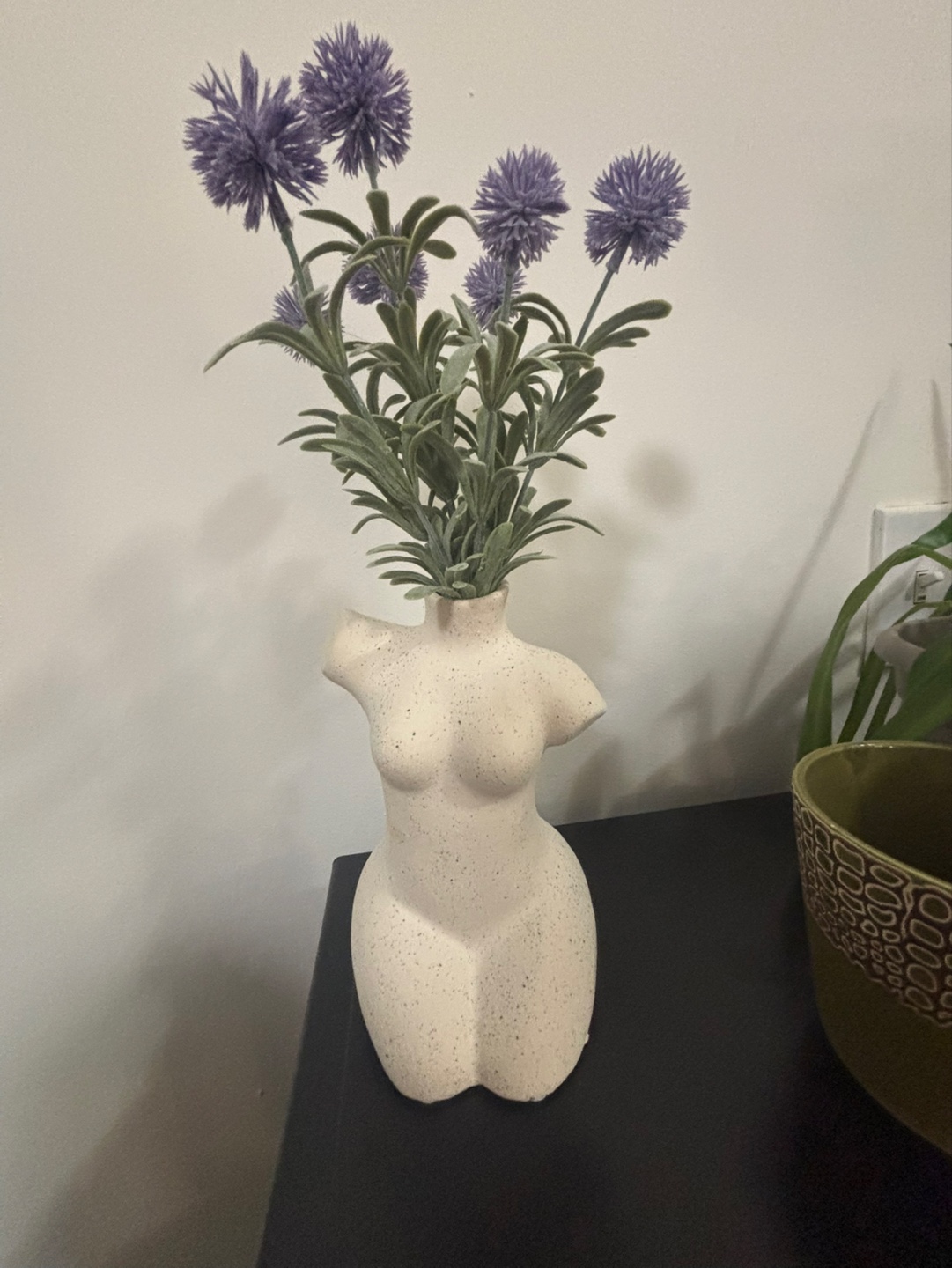 Female Torso Vase, Speckled White, With Fake Plant