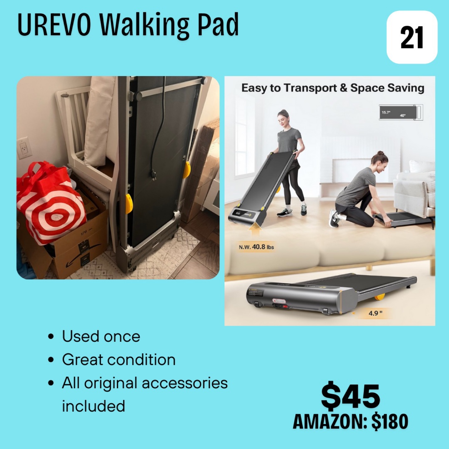 UREVO Walking Pad Treadmill - Like New! - photo 2