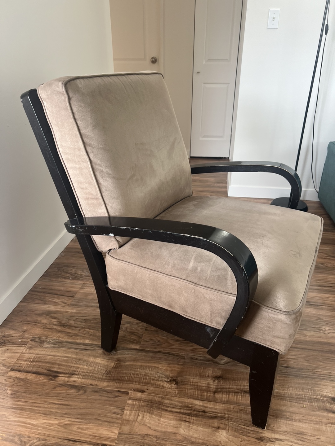 Armchair - Taupe Velvet Upholstery, Black Wood Frame