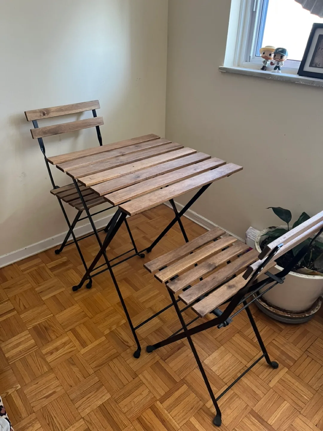 Used Small Wooden Bistro Table and Two Chairs Set. thumbnail