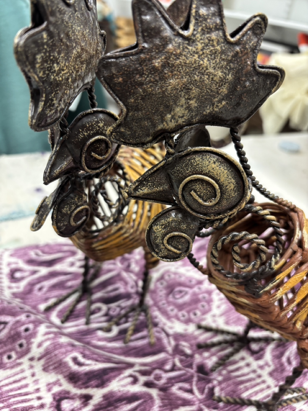 Pair of Metal and Wicker Roosters
