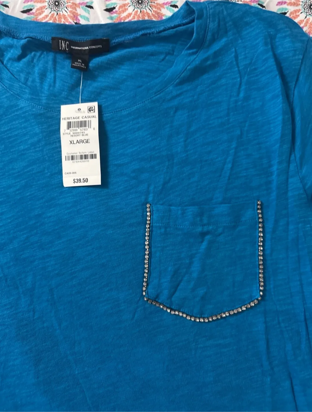 INC Blue Rhinestone Pocket T-Shirt - Size XL image indicator(2)