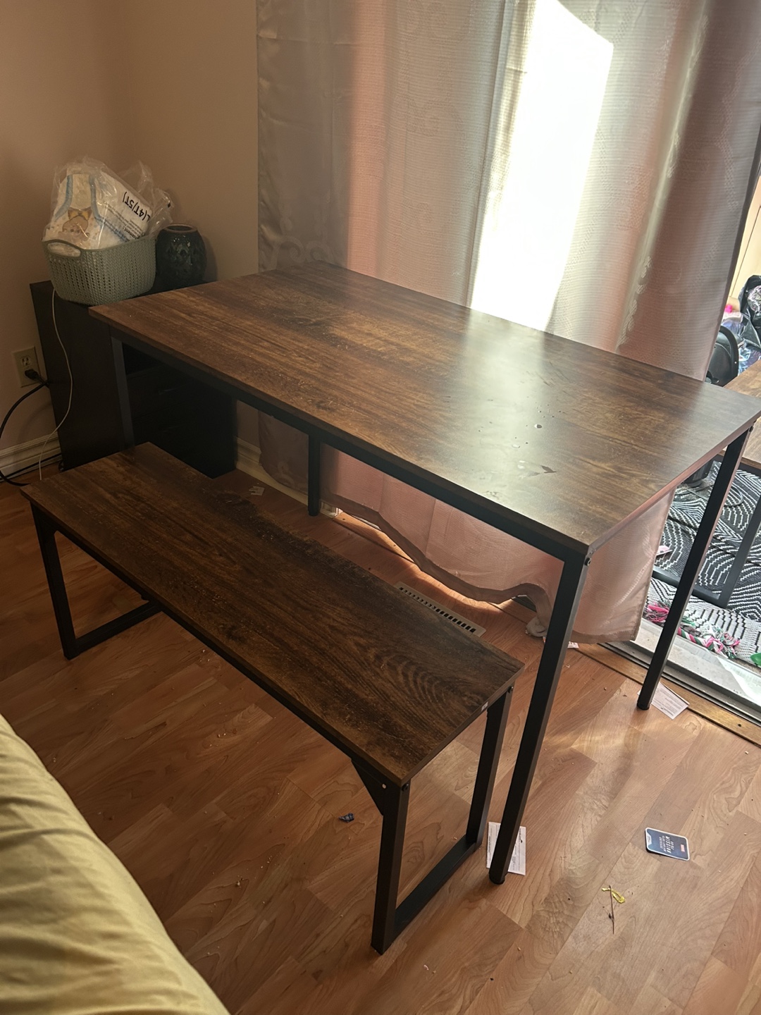 Rustic Brown Dining Table and Bench Set