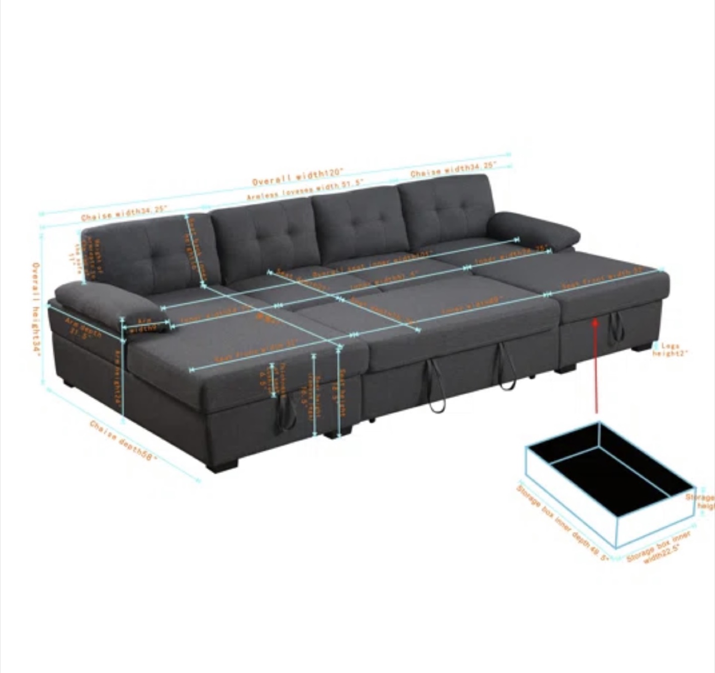 Allan 120" Sectional Sofa Sleeper Bed with Storage Chaise