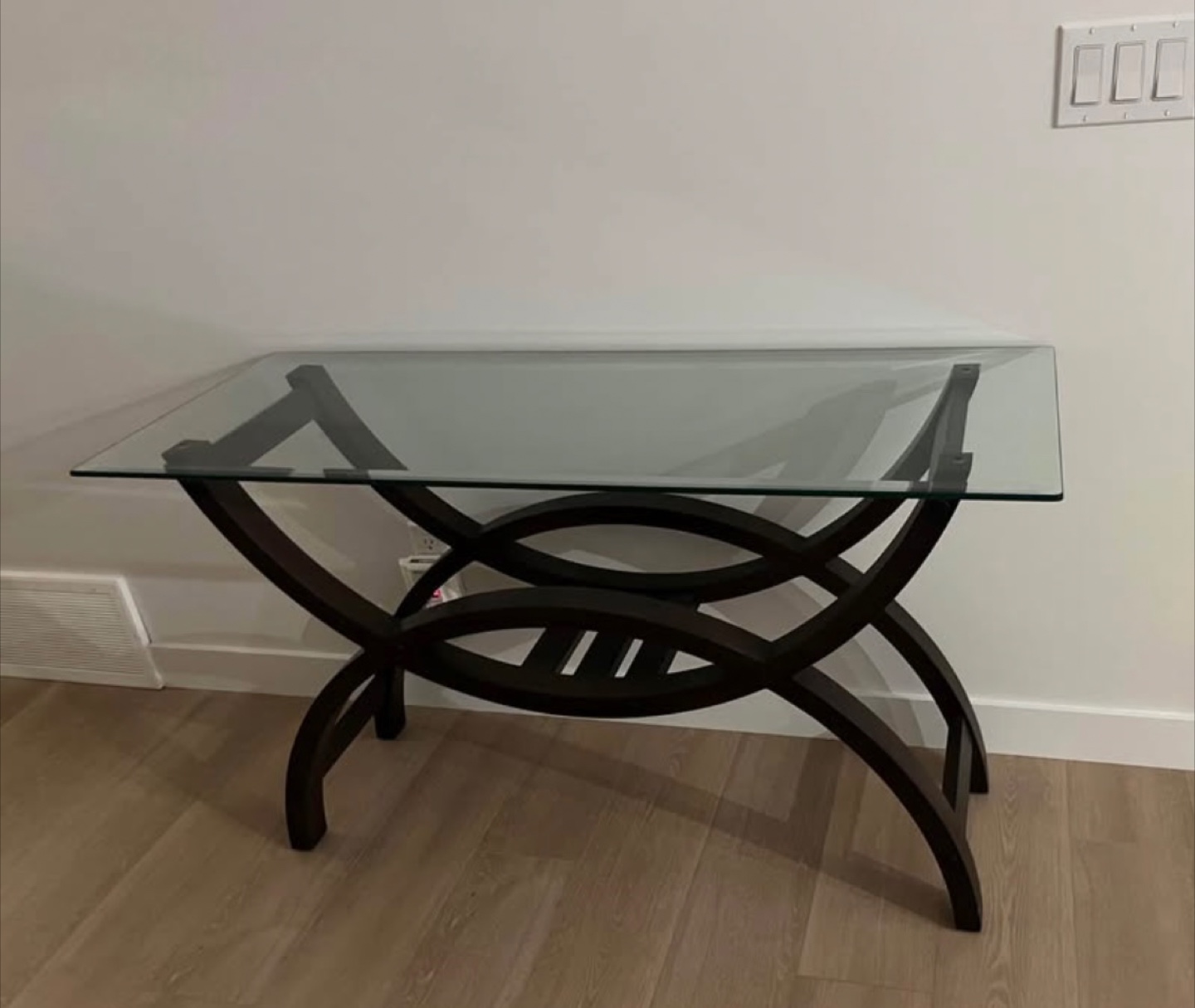 Glass Top Console Table with Dark Wood Frame