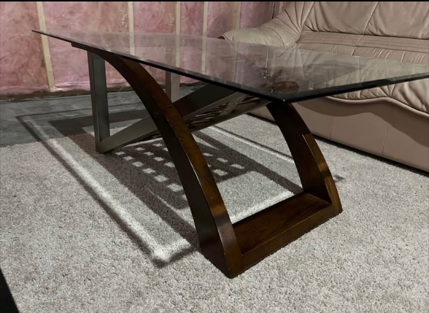 Modern Glass Top Coffee Table with Unique Wooden Base