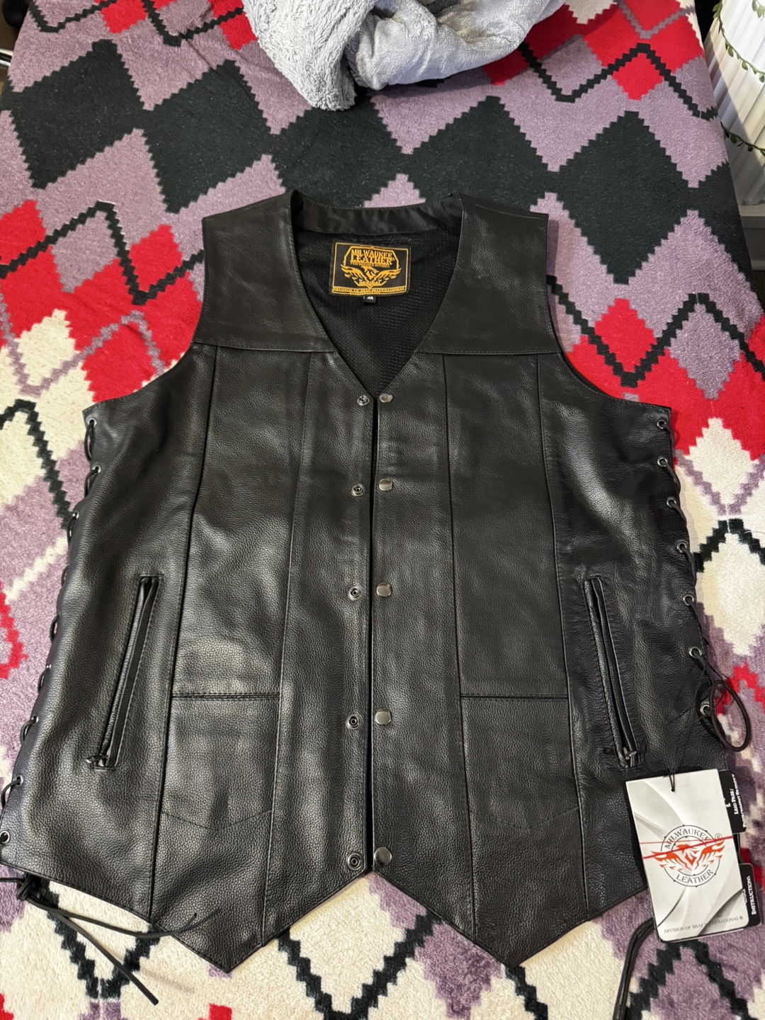 Men's Black Leather Motorcycle Vest with Side Laces