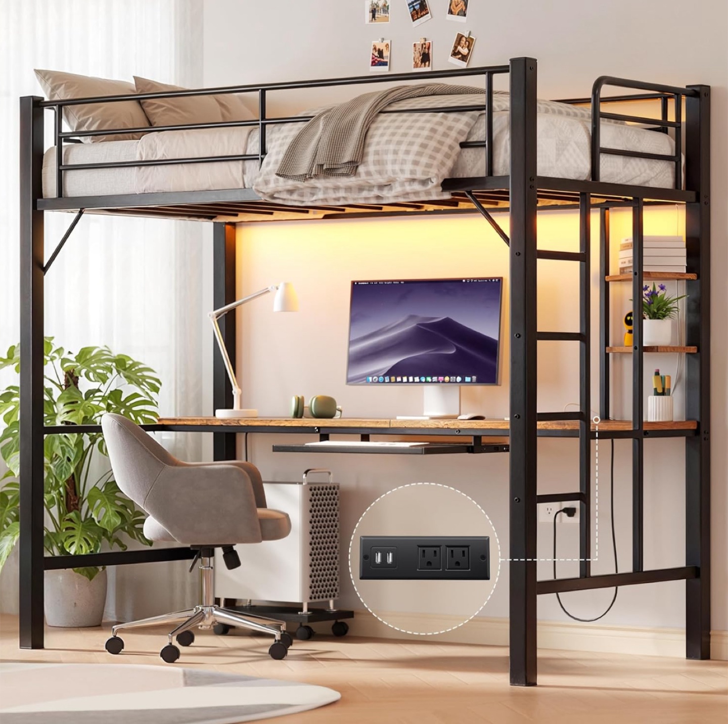 Twin Loft Bed with Built-in Desk and Shelves