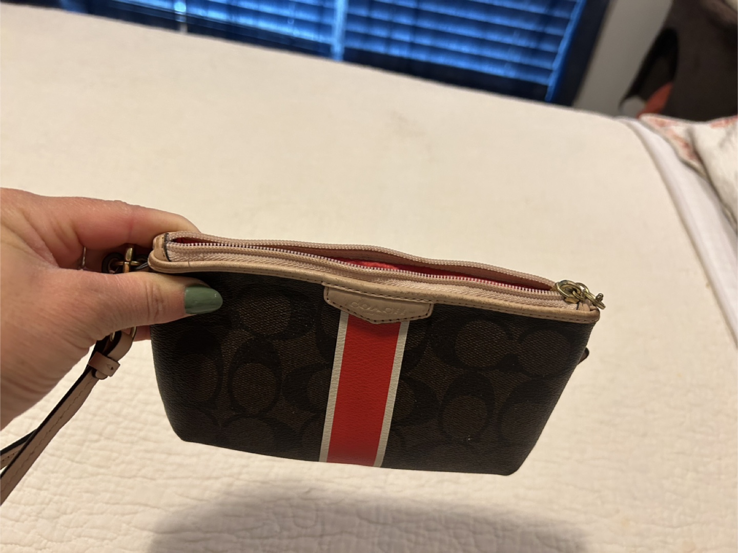 Coach Wristlet Wallet - Brown Signature Canvas with Red Stripe