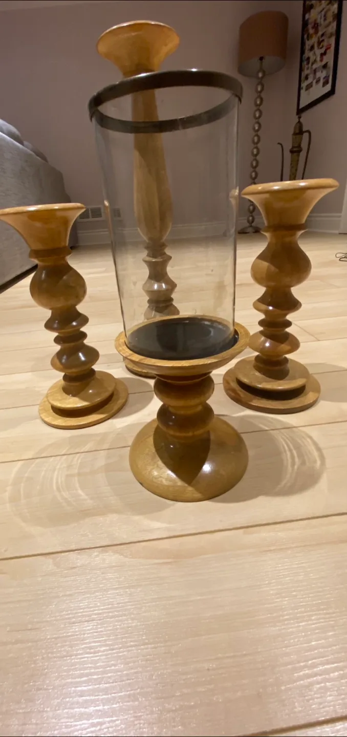 Pottery Barn Wooden Candle Holder Set with Glass Hurricane image indicator(2)