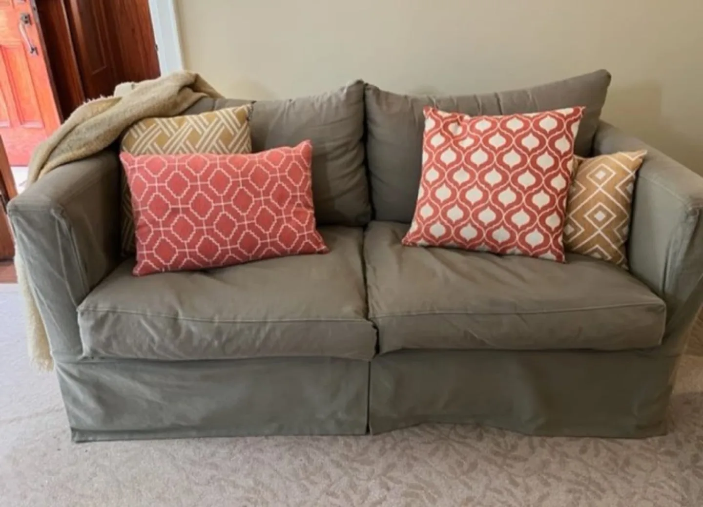 Crate & Barrel "Willow" slipcover sofa. Sage green. image indicator(3)