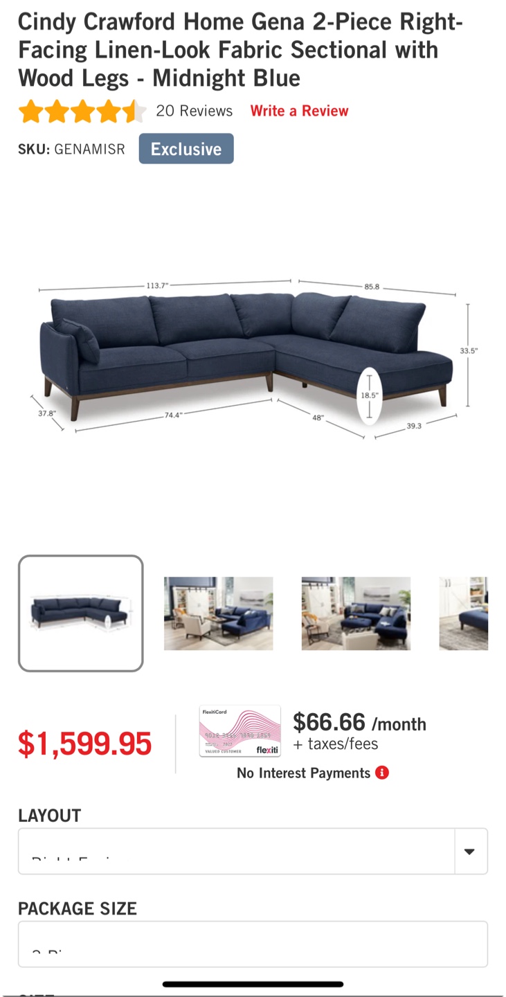 Cindy Crawford Home Gena Sectional Sofa - Midnight Blue - photo 2
