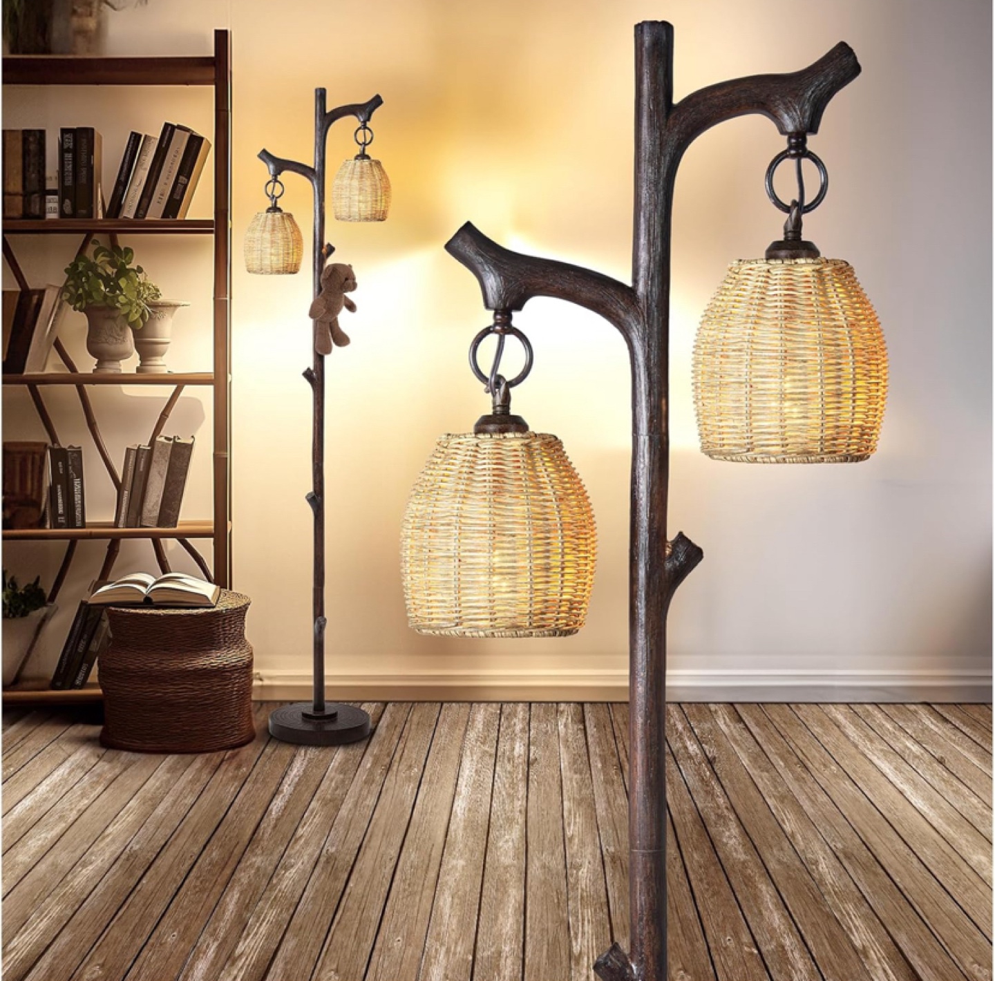 Unique Double-Light Floor Lamp with Wicker Shades