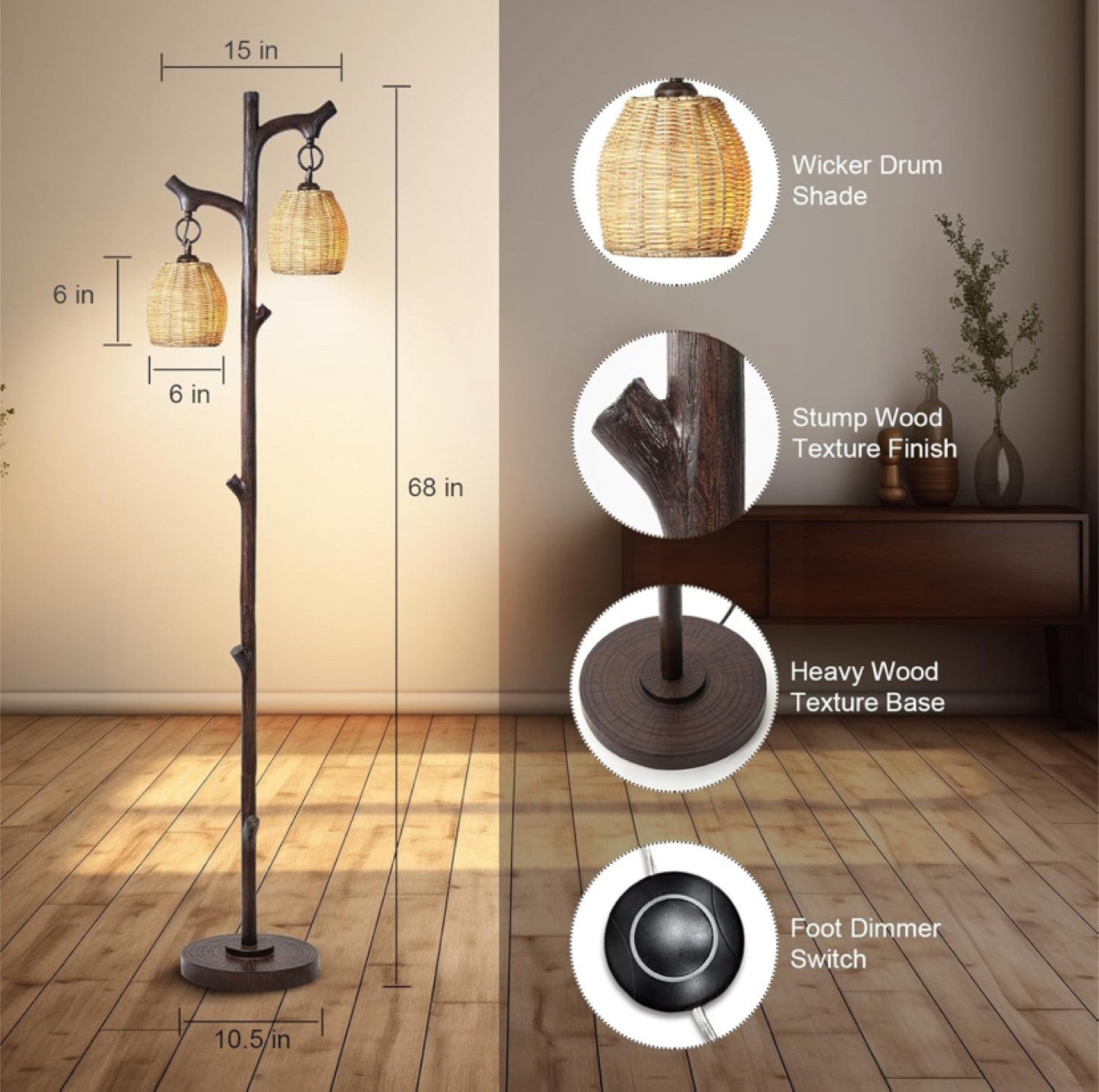Unique Double-Light Floor Lamp with Wicker Shades - photo 2