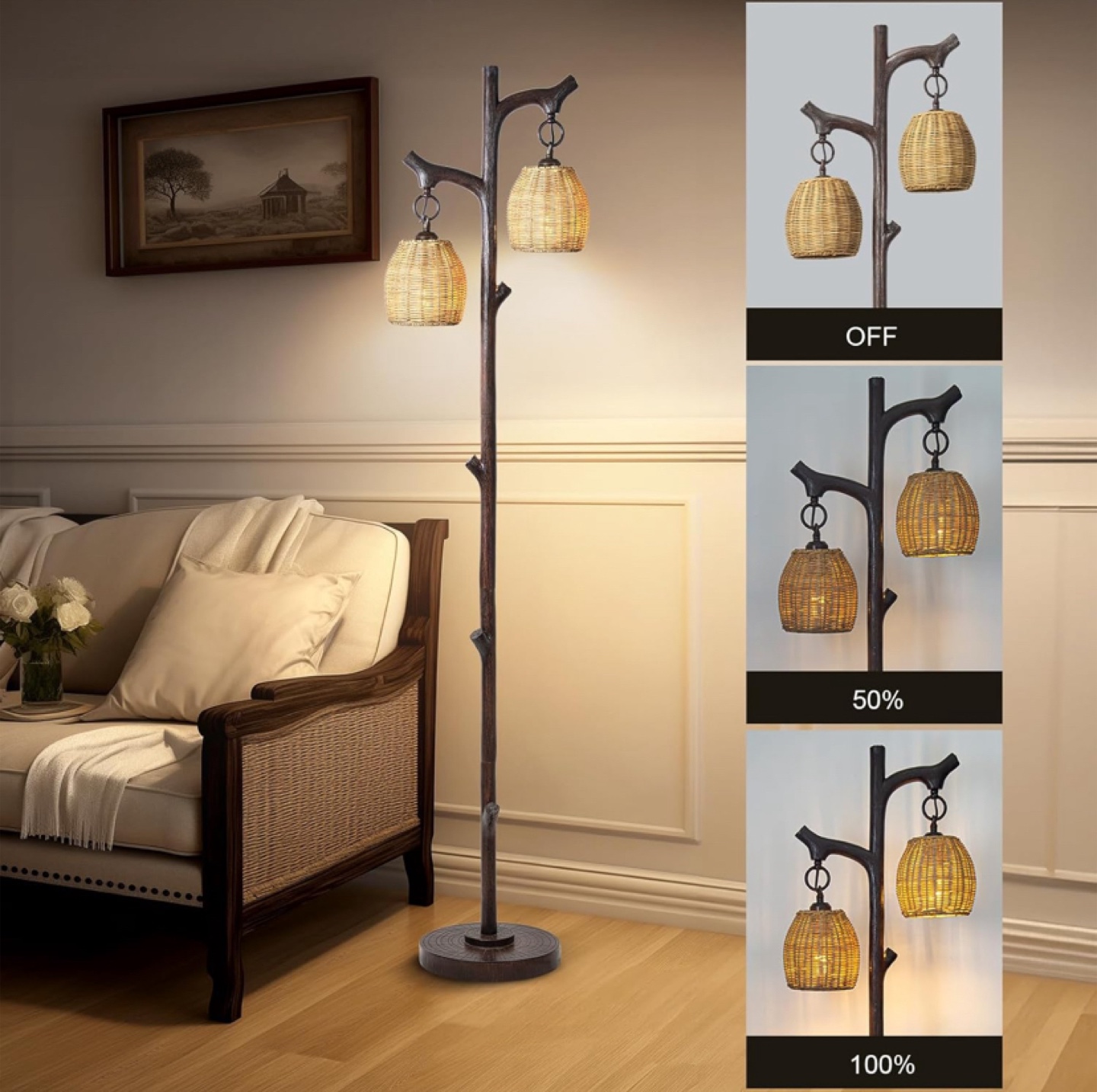 Unique Double-Light Floor Lamp with Wicker Shades - photo 3