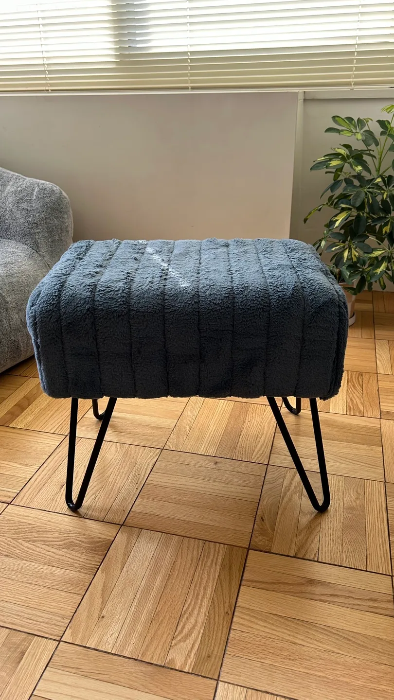 Fuzzy Blue Ottoman with Black Metal Legs thumbnail