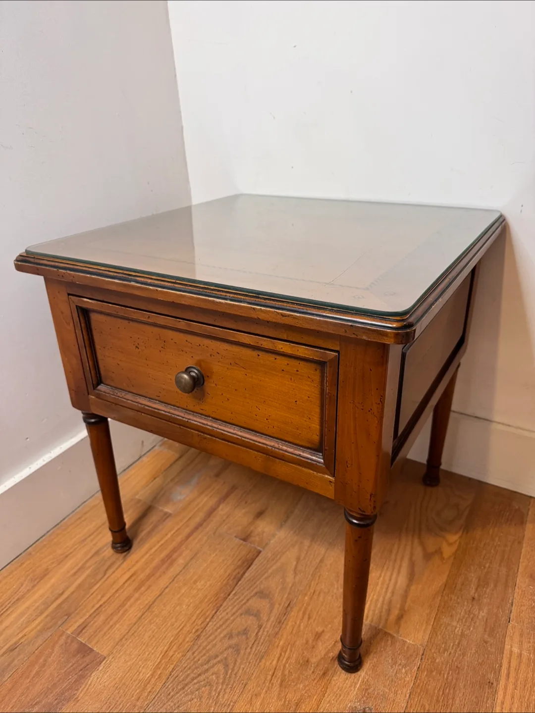 Solid Maple Wood End Table with Glass Top and Drawer thumbnail